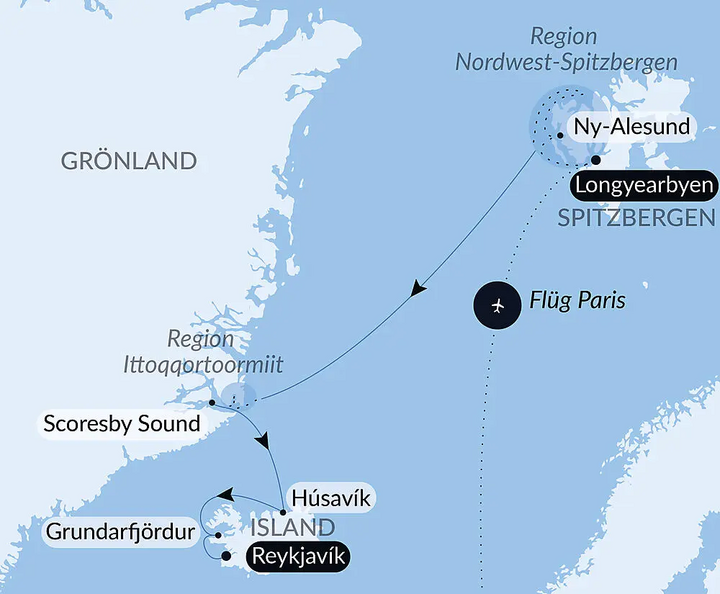Routenkarte Arktis-Abenteuer Spitzbergen bis Island
