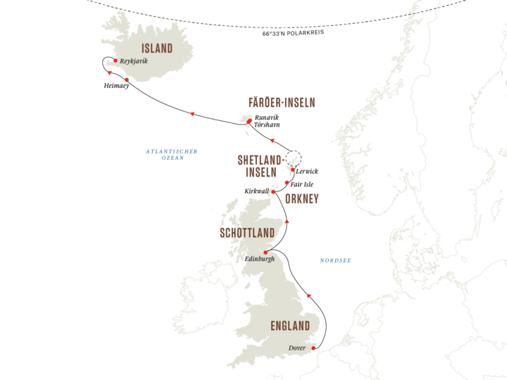 Routenkarte England - Island mit MS Maud von Hurtigruten