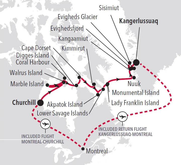 Routenkarte Churchill - Hudson Bay - Grönland mit Silver Endeavour