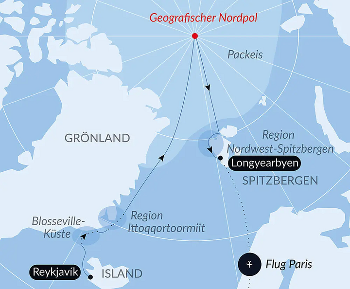 Routenkarte Geografischer Nordpol und Ostküste Grönlands