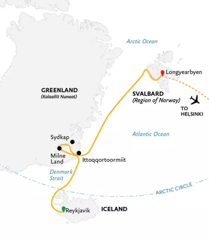 Routenkarte Reise drei arktische Inseln Island - Spitzbergen
