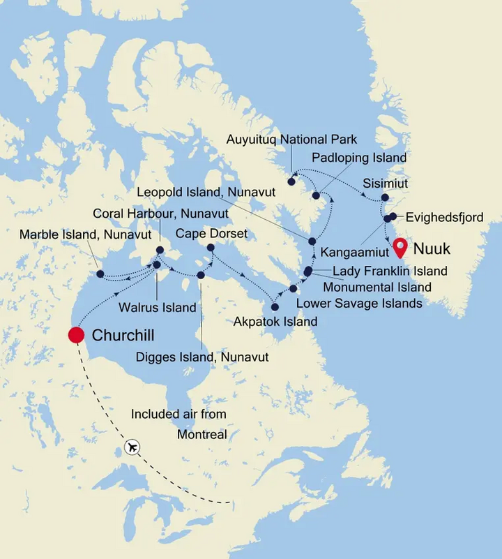 Routenkarte Silver Endeavour Churchill - Nuuk