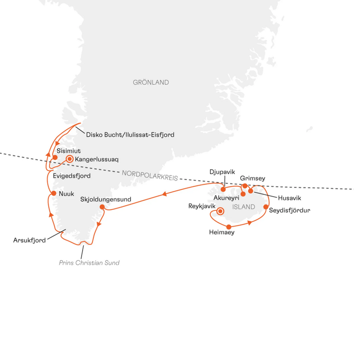 Routenkarte Island und Südwestgrönland
