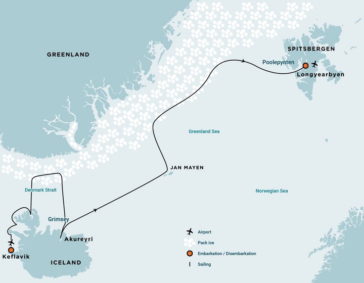 Routenkarte Plancius Reise von Island nach Spitzbergen
