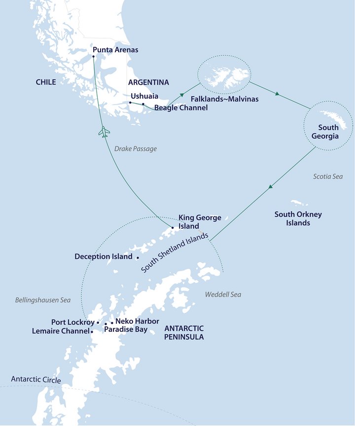 Routenkarte grosse Antarktisreise mit Rückflug per Flugzeug