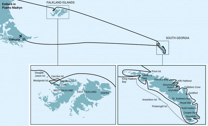 Routenkarte Falkland und Südgeorgien mit Oceanwide
