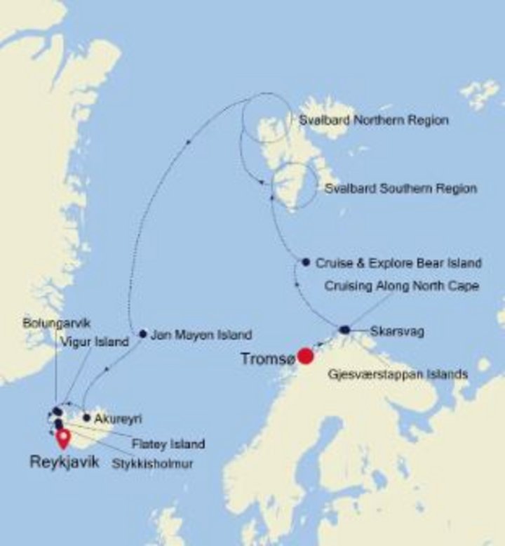 Routenkarte Norwegen - Spitzbergen - Island