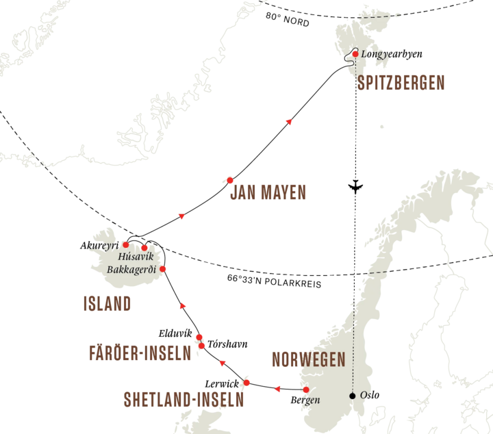 Routenkarte Hurtigruten Bergen - Spitzbergen