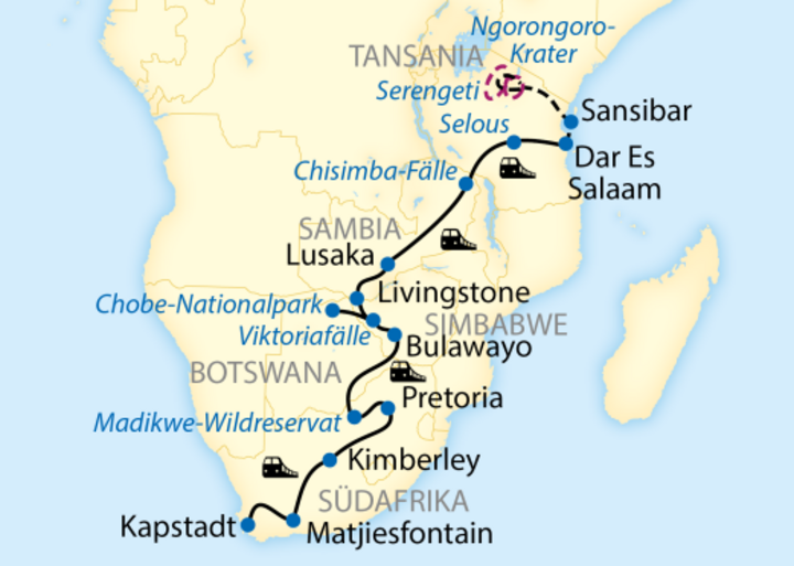 Routenkarte von Tansania bis Südafrika