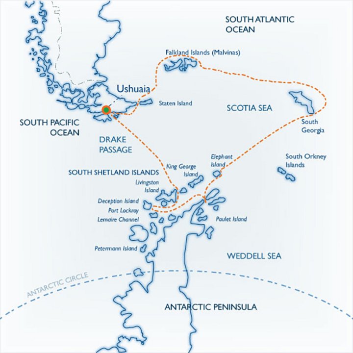 Routenkarte Falkland - Südgeorgien - Ushuaia mit der USHUAIA