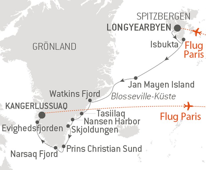 Routenkarte Reise Spitzbergen nach Grönland