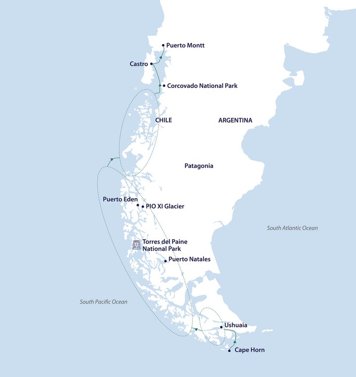 Routenkarte Patagonien & chilenische Fjorde