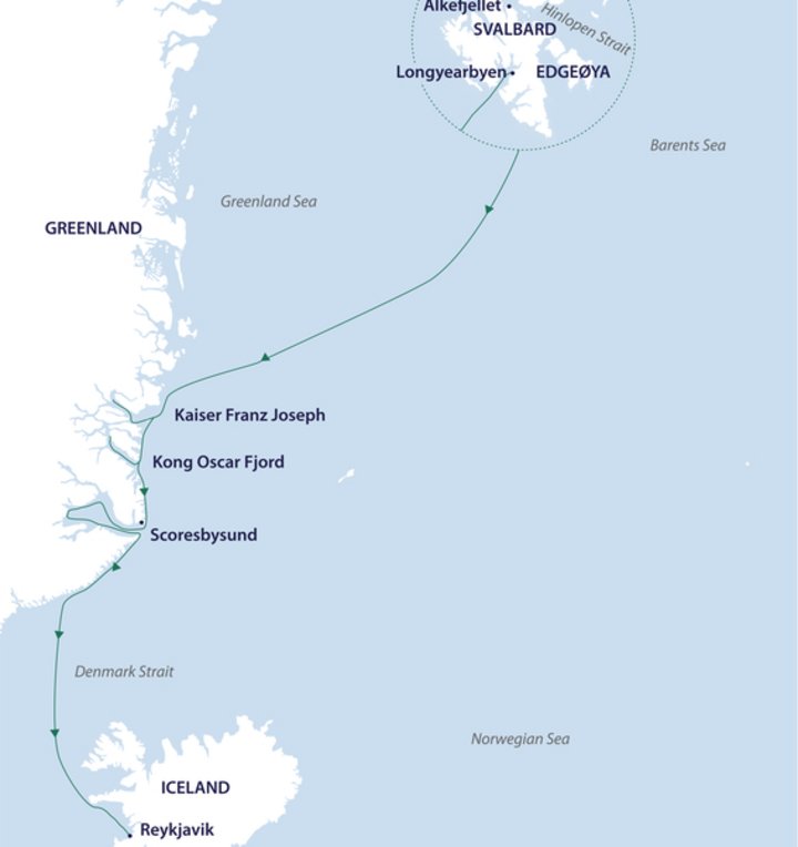 Routenkarte Schiffsreise Island Grönland Spitzbergen