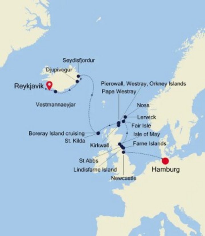 Routenkarte Expeditionskreuzfahrt Hamburg - Island