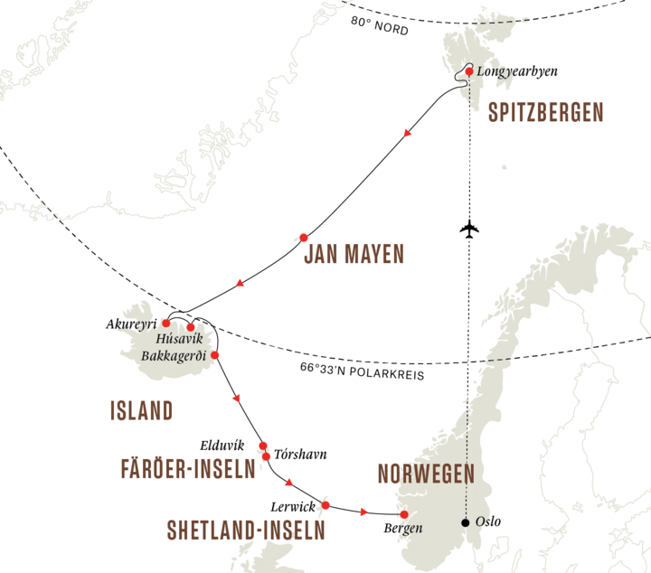 Routenkarte Schiff Spitsbergen von Spitzbergen nach Norwegen