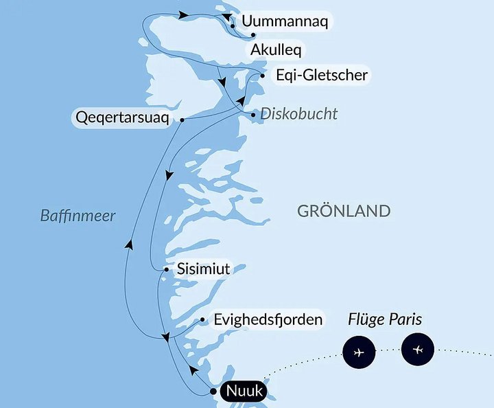 Routenkarte Diskobucht und Inuit-Dörfer