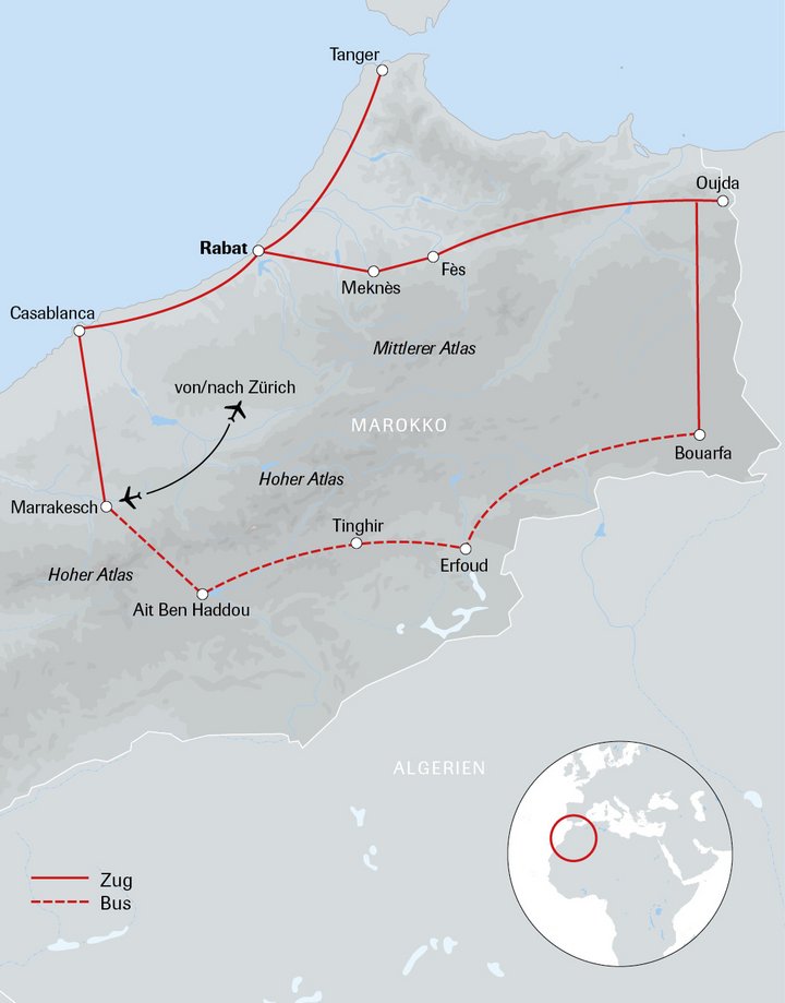 Routenkarte Marokko-Rundreise mit dem Train du Desert