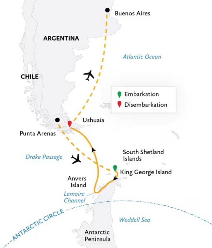 Routenkarte Kurzreise Antarktis mit Charterflug Buenos Aires