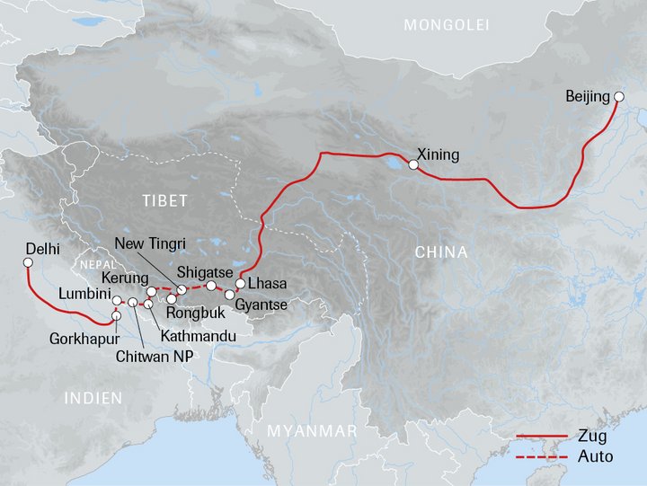 Routenkarte China - Indien Überland