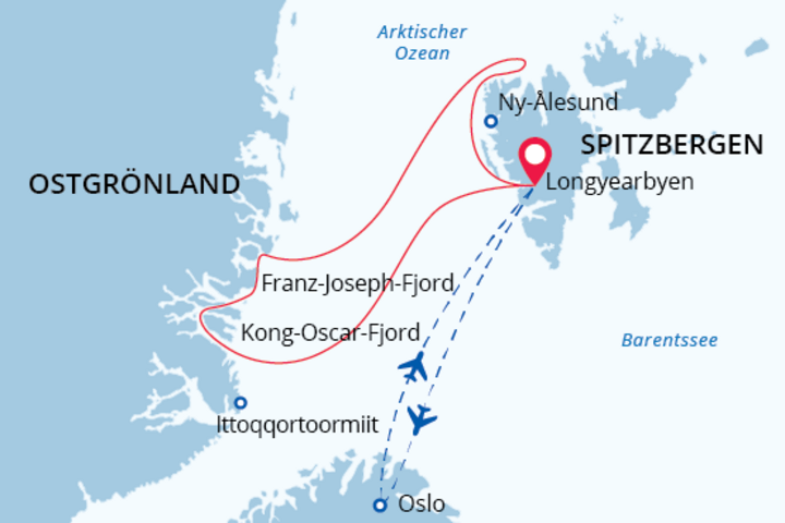 Routenkarte Expeditionskreuzfahrt Spitzbergen und Grönland
