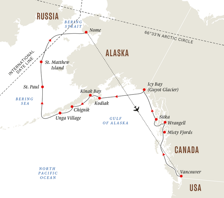 Routenkarte Kreuzfahrt Vancouver Alaska mit Aleuten