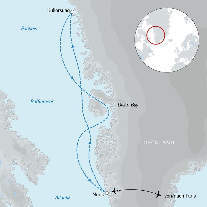 Routenkarte Expeditionskreuzfahrt Nordwestgrönland mit Eisbrecher Routenkarte Expeditionskreuzfahrt Nordwestgrönland mit Eisbrecher