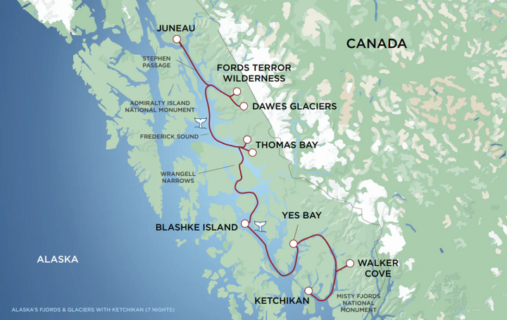Routenkarte Alaska Kreuzfahrt mit Boutiqueschiff ab Juneau/Ketchikan