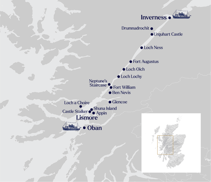 Routenkarte Kreuzfahrt durch den Caledonian Kanal mit Loch Ness
