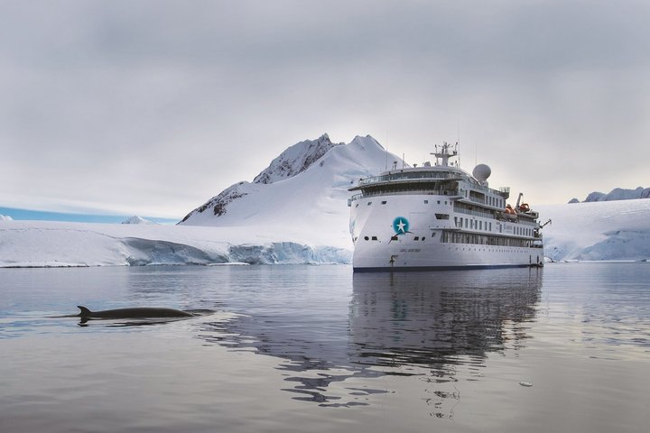 Expeditionsschiff mit Gletscher und Berg im Hintergrund