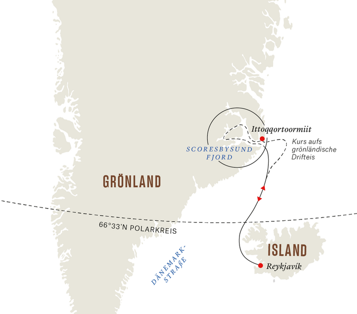 Routenkarte Schifffahrt Island Grönland