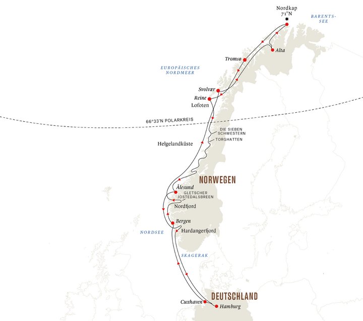 Routenkarte Expeditionskreuzfahrt Hamburg Norwegen