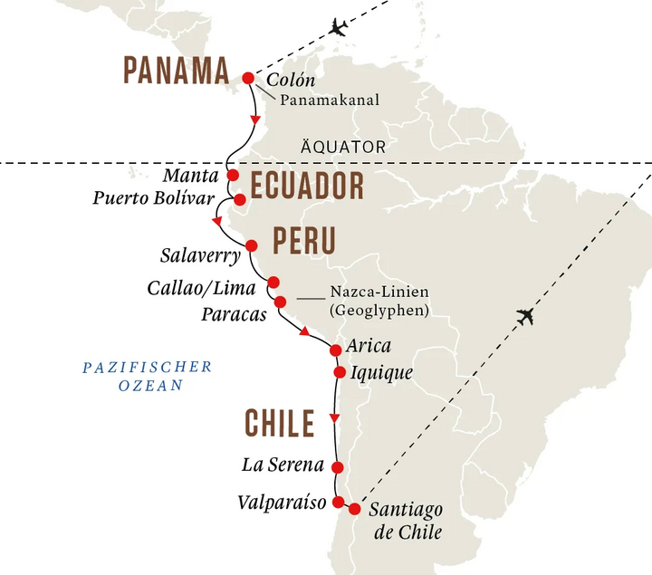 Routenkarte Seereise Panama - Chile mit Fram
