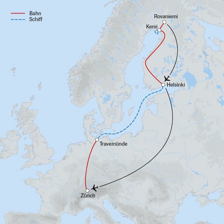 Routenkarte mit Bahn und Schiff zum Polarkreis