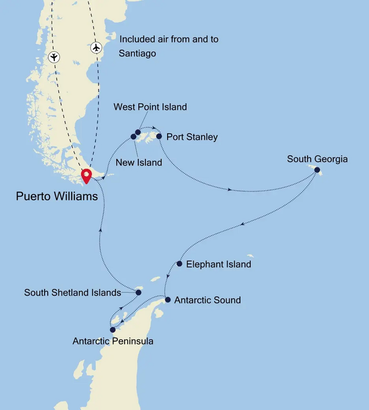 Routenkarte Antarktisreise mit Südgeorgien und Falkland