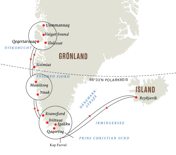 Routenkarte Westgrönlandreise mit MS Maud von Hurtigruten