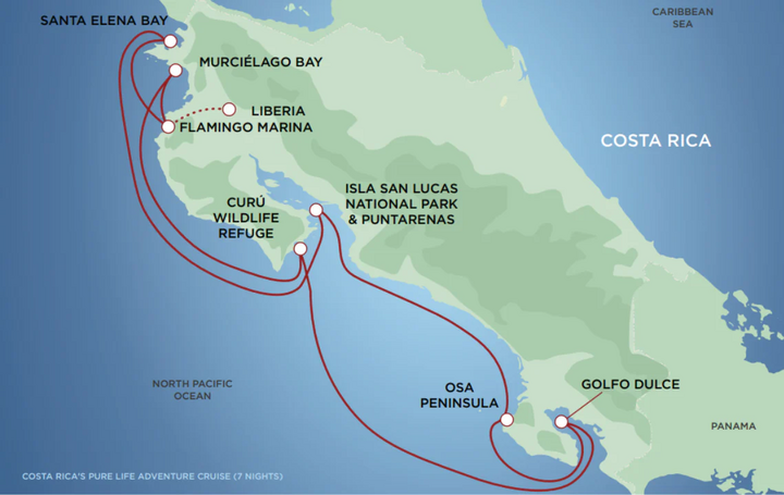 Routenkarte Expeditionskreuzfahrt entlang Costa Ricas Küste Routenkarte Expeditionskreuzfahrt entlang Costa Ricas Küste