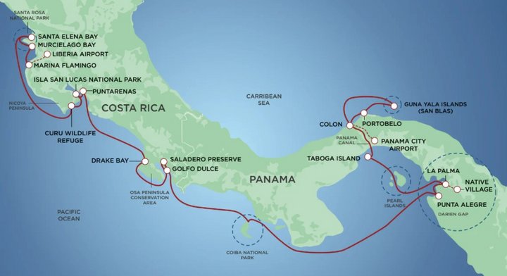Routenkarte Costa Rica - Panamakanal Kreuzfahrt mit Safari Voyager