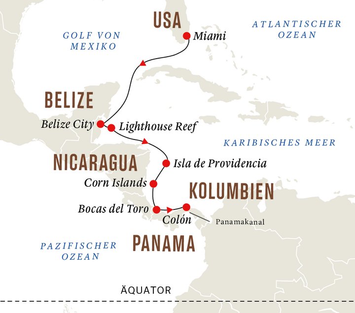 Routenkarte Kreuzfahrt Miami Panama