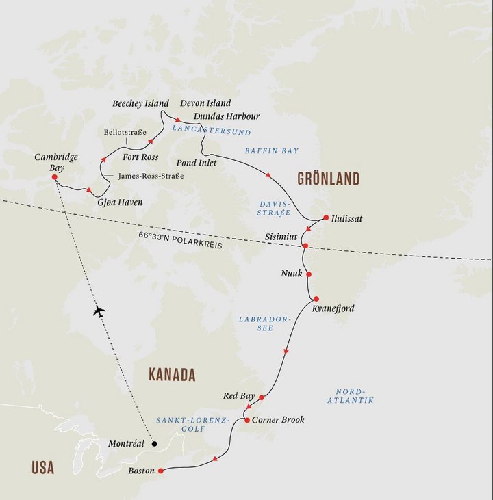 Routenkarte Cambridge Bay - Boston mit Fram