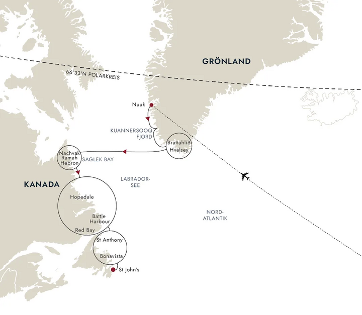 Routenkarte Grönland, Labrador und Neufundland