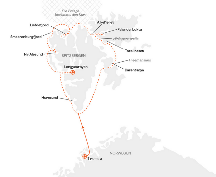 Routenkarte Expeditionskreuzfahrt Norwegen - Spitzbergen