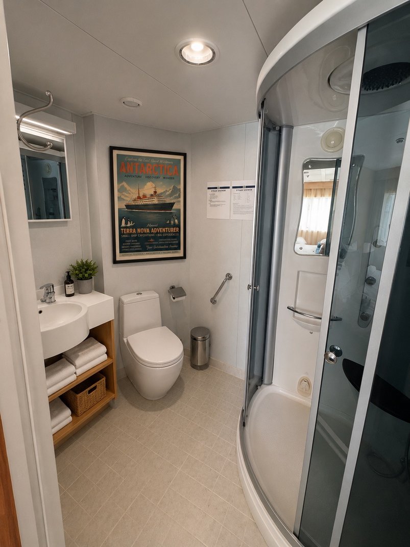 Nasszelle in der Premium Suite auf dem Expeditionskreuzfahrtschiff Adventurer Nasszelle in der Premium Suite auf dem Expeditionskreuzfahrtschiff Adventurer