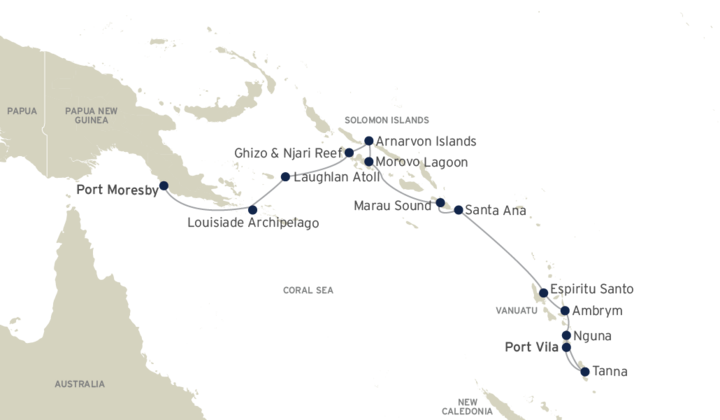 Routenkarte Kreuzfahrt durch Melanesien mit Coral Expeditions