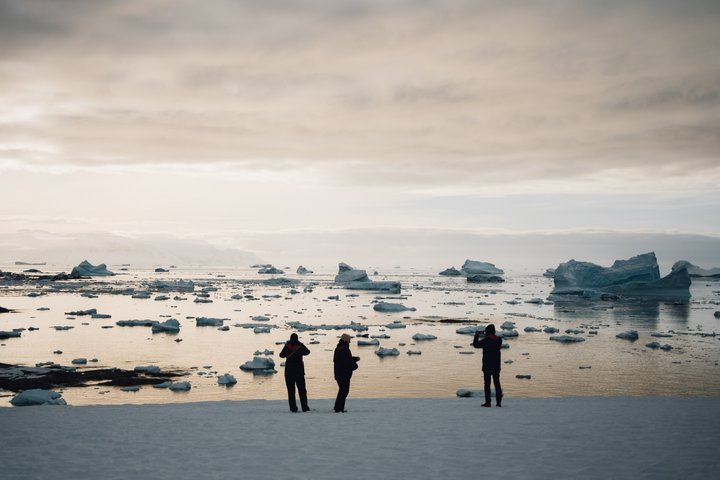 Reisende in der Antarktis schauen auf eine Bucht mit Eisschollen