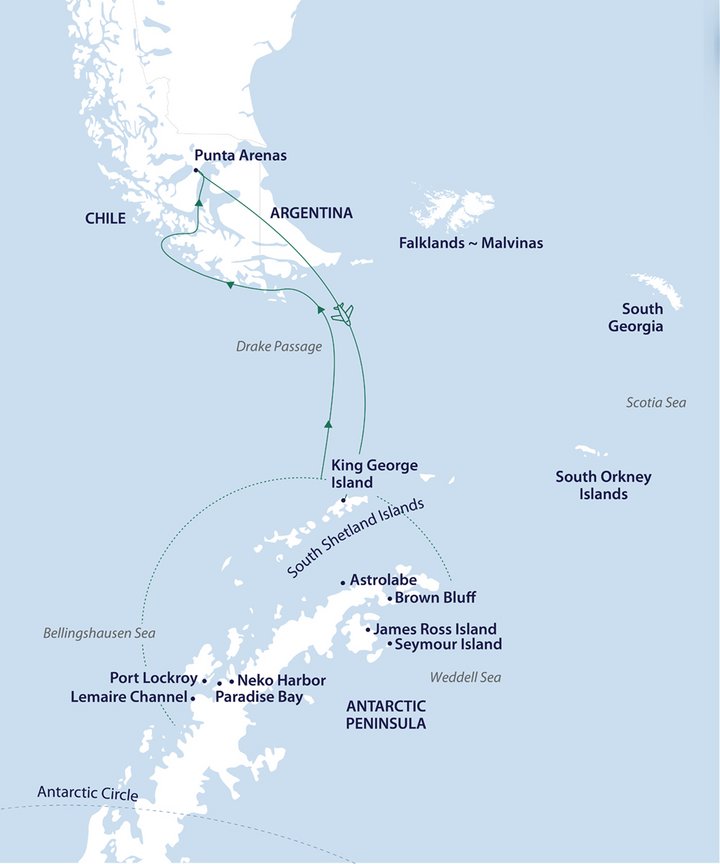Routenkarte Aurora Expeditions Fly the Drake mit Antarktika und chilenische Fjorde