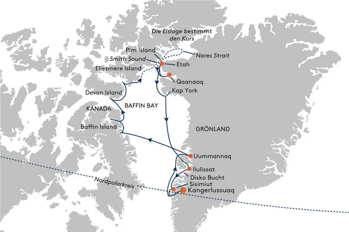 Routenkarte Nordwestgrönland und kanadische Arktis von Hapag Lloyd Cruises