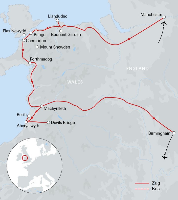 Routenkarte Individualbahnreise in Wales