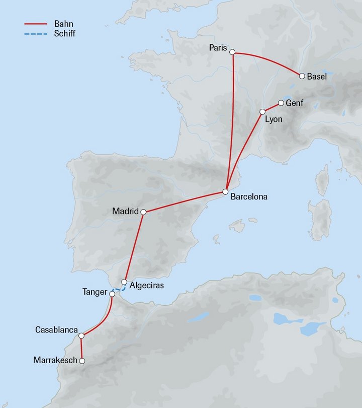 Routenkarte für Bahn- und Schiffreise nach Marokko Routenkarte für Bahn- und Schiffreise nach Marokko