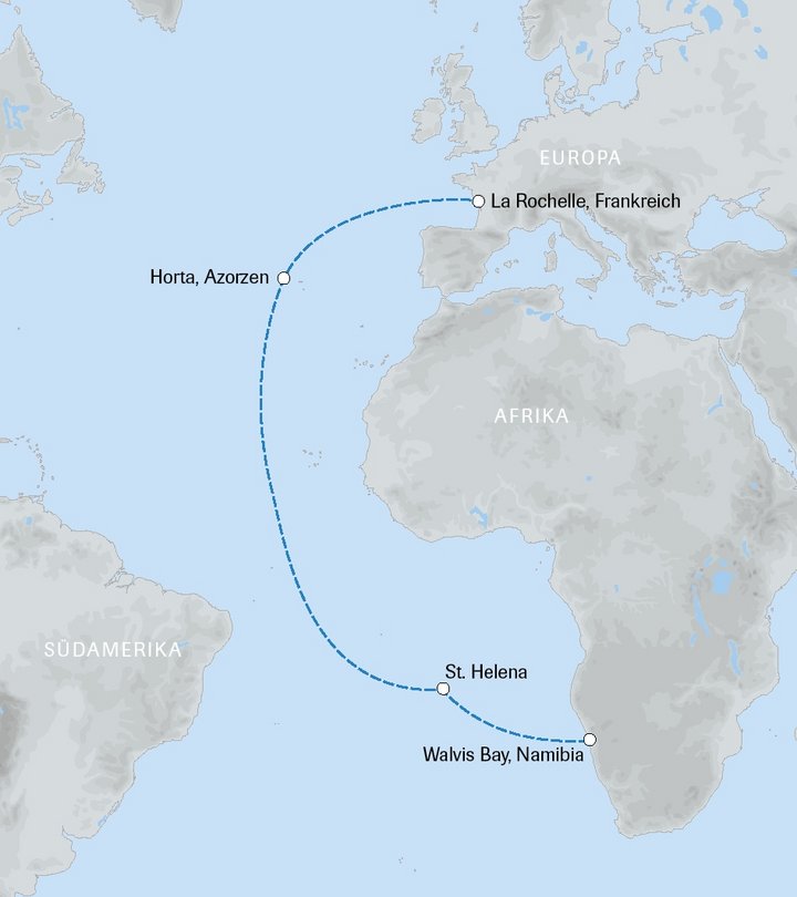 Segeltörn Namibia - St. Helena - Azoren - Frankreich Routenkarte Segeltörn Namibia - St. Helena - Azoren - Frankreich