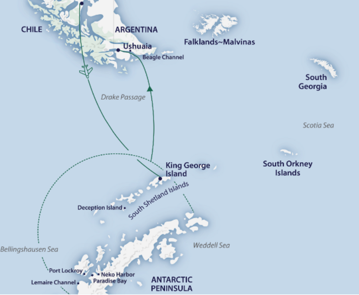 Routenkarte Fly-Sail Antarktisexpedition mit Aurora Expeditions